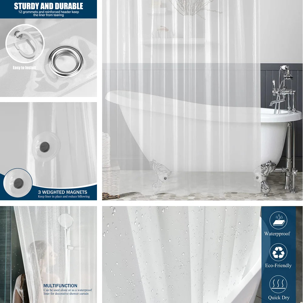 Clear Shower Curtain Waterproof White Plastic Bath Curtains Liner Transparent / Pink Bathroom Mildew PEVA Home Luxury with Hooks